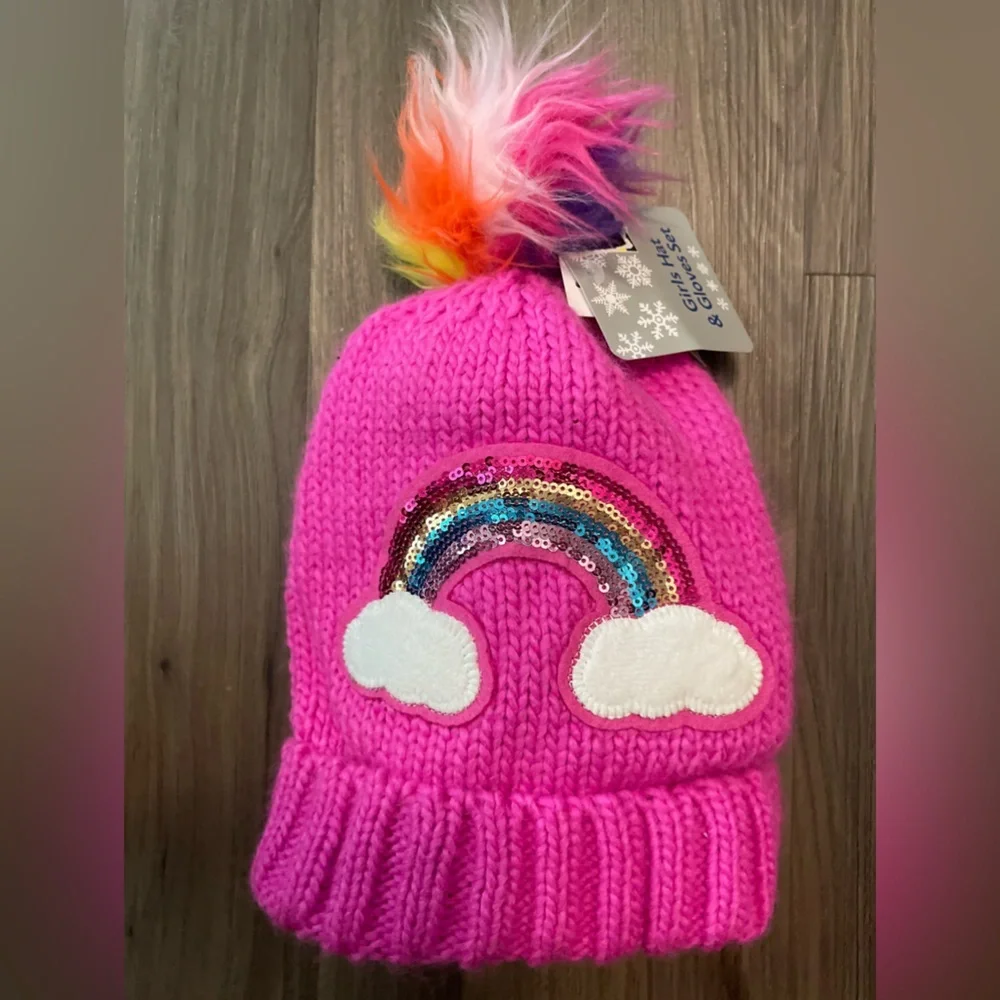 Pink Rainbow Sequins Knit Beanie with Pom Pom for Kids OS-NWT - Picture 4 of 4